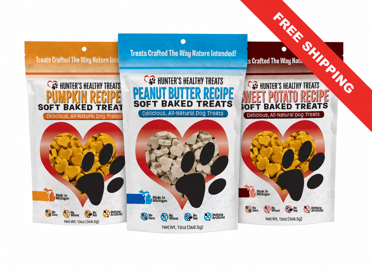 Hunter's Healthy Treats Heart-Shaped Dog Treat Variety Pack - peanut butter, pumpkin, and sweet potato flavors, 13oz